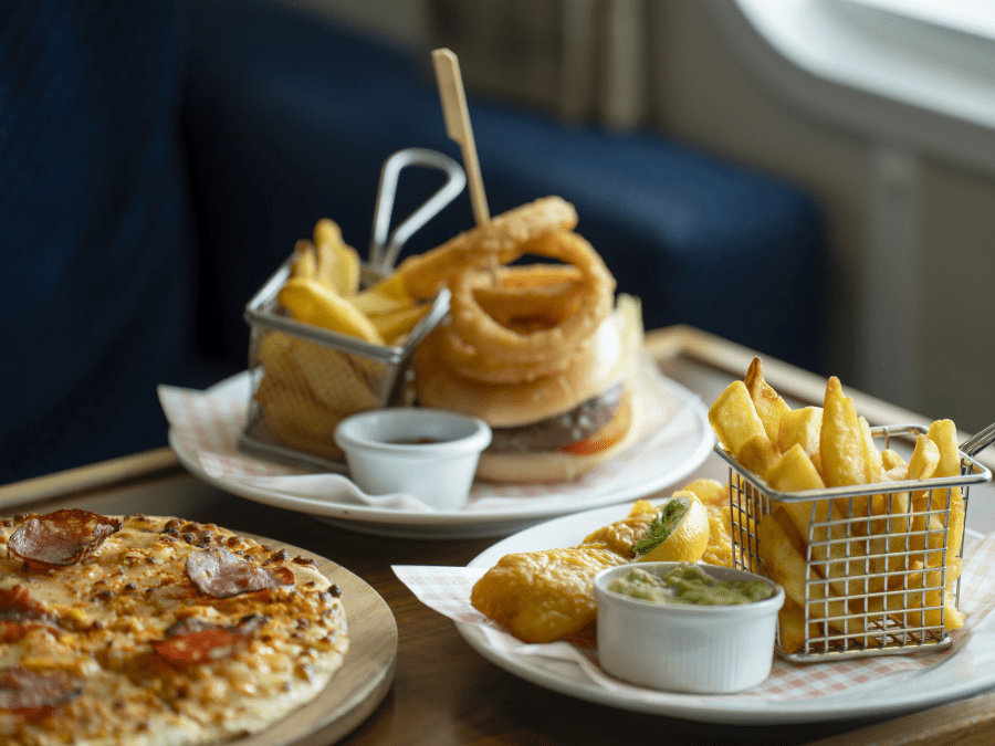 pizza, fish and chips, and burgers